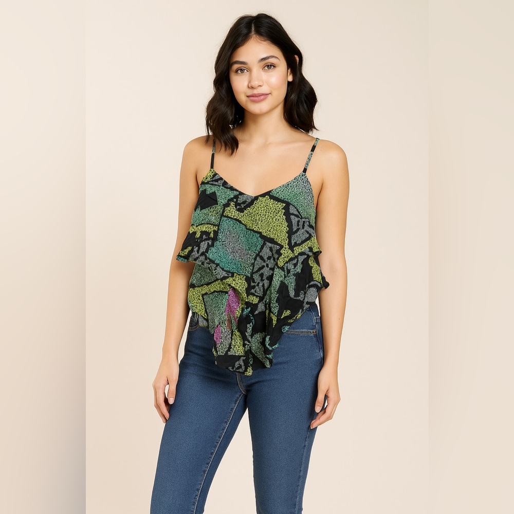 Topshop Vneck Green Crinkled Tiered Tank Too